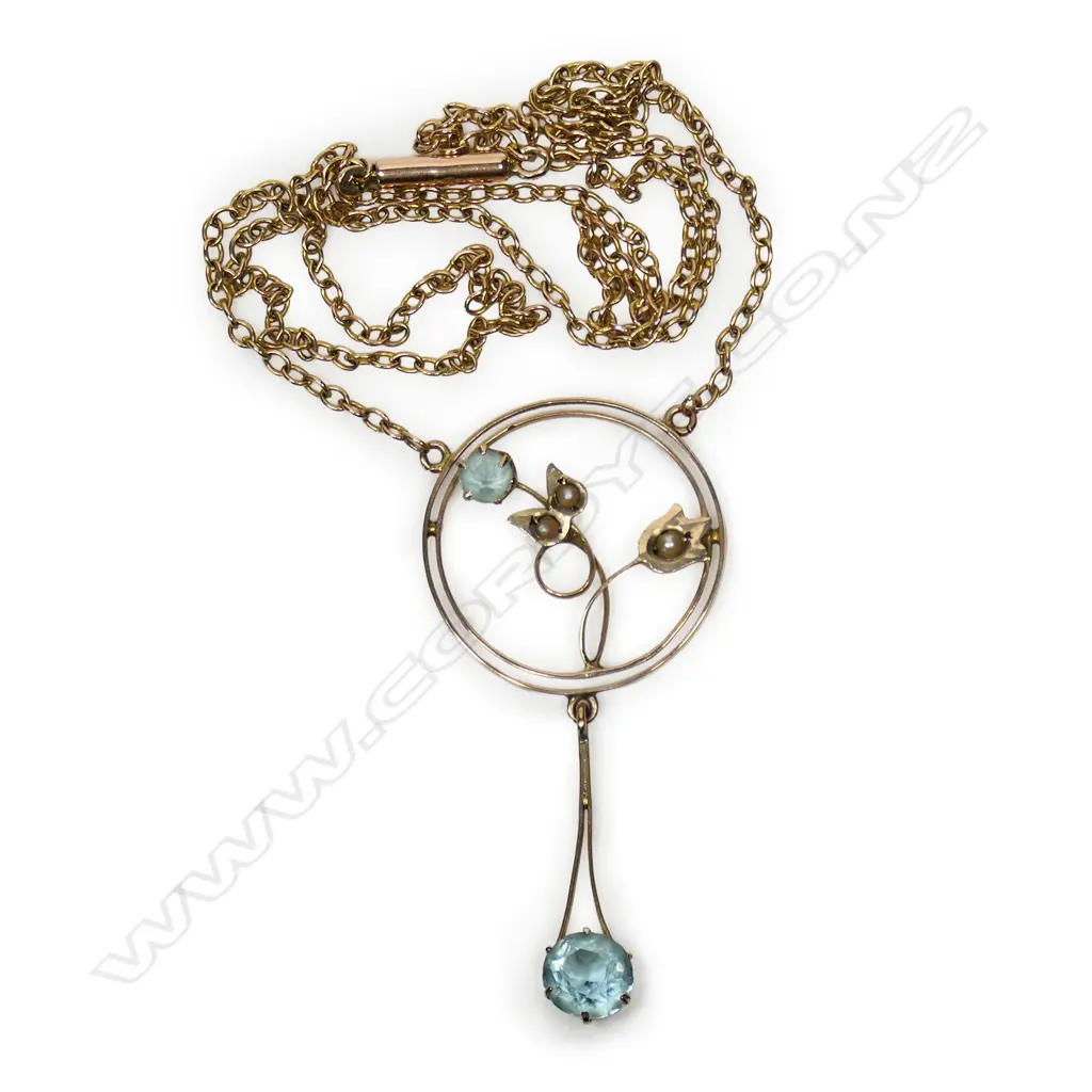 A c.1900 9ct gold and pale blue gem and pearl pendant necklace, Image 1++