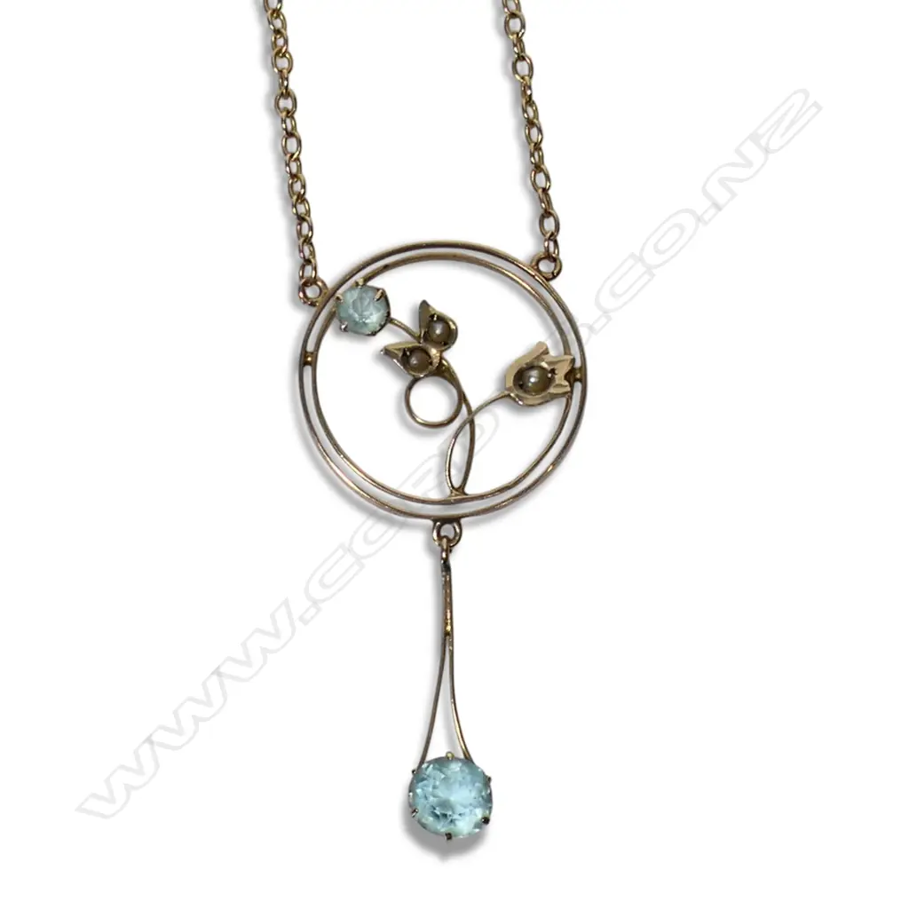 A c.1900 9ct gold and pale blue glass and pearl pendant necklace, Image 1++