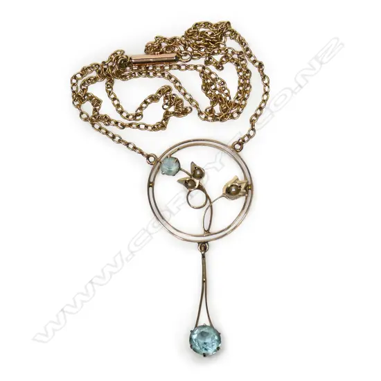 A c.1900 9ct gold and pale blue gem and pearl pendant necklace,