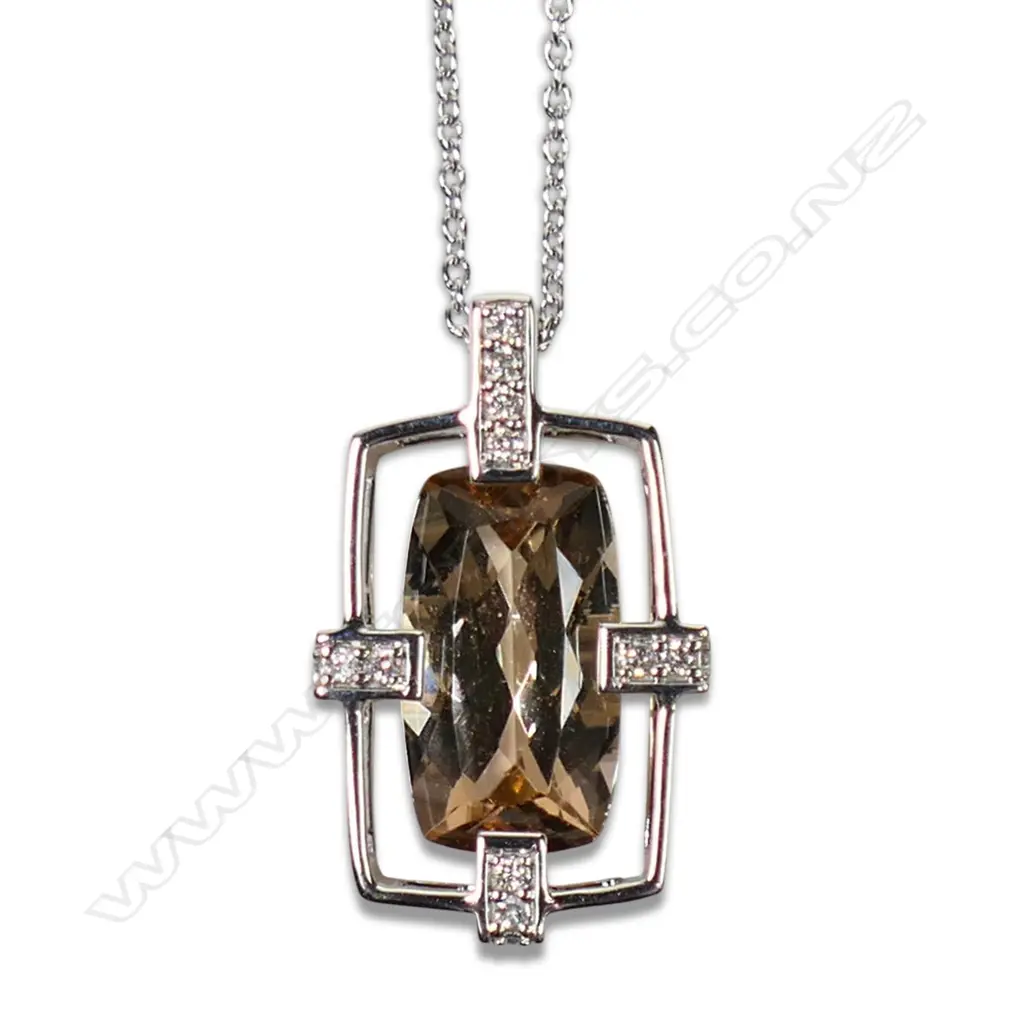 A 14ct white gold peach tourmaline and diamond pendant necklace, Image 1++