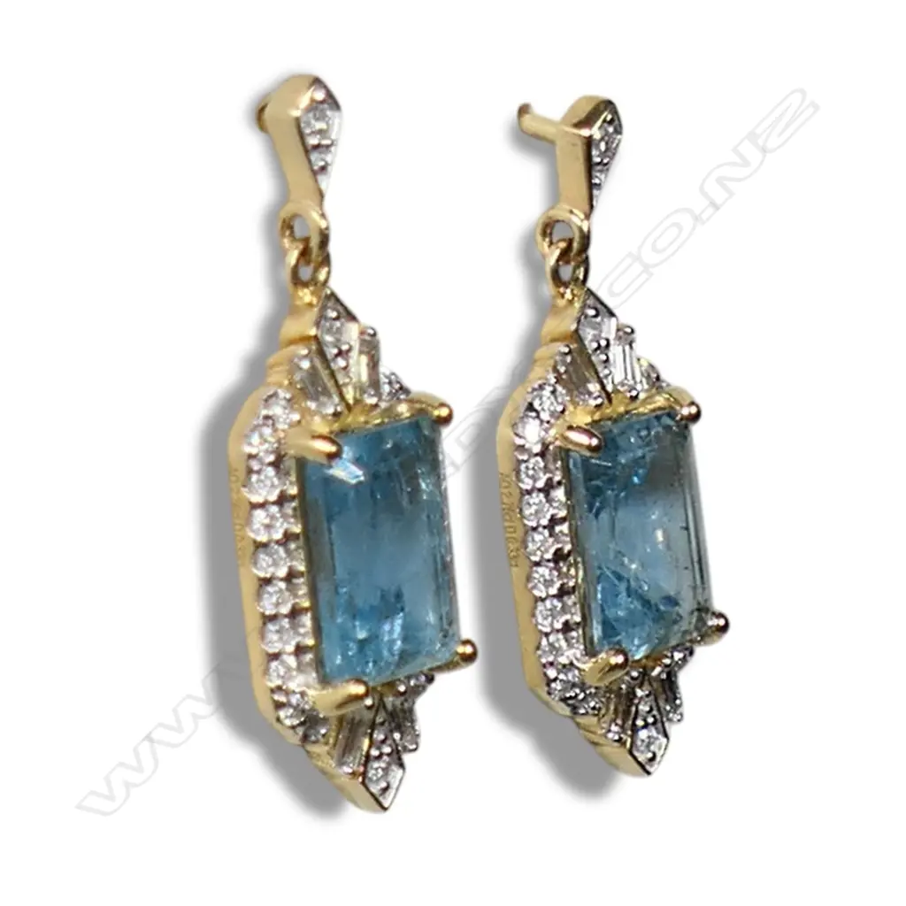 A pair of 14ct gold aquamarine and diamond drop earrings, Image 1++