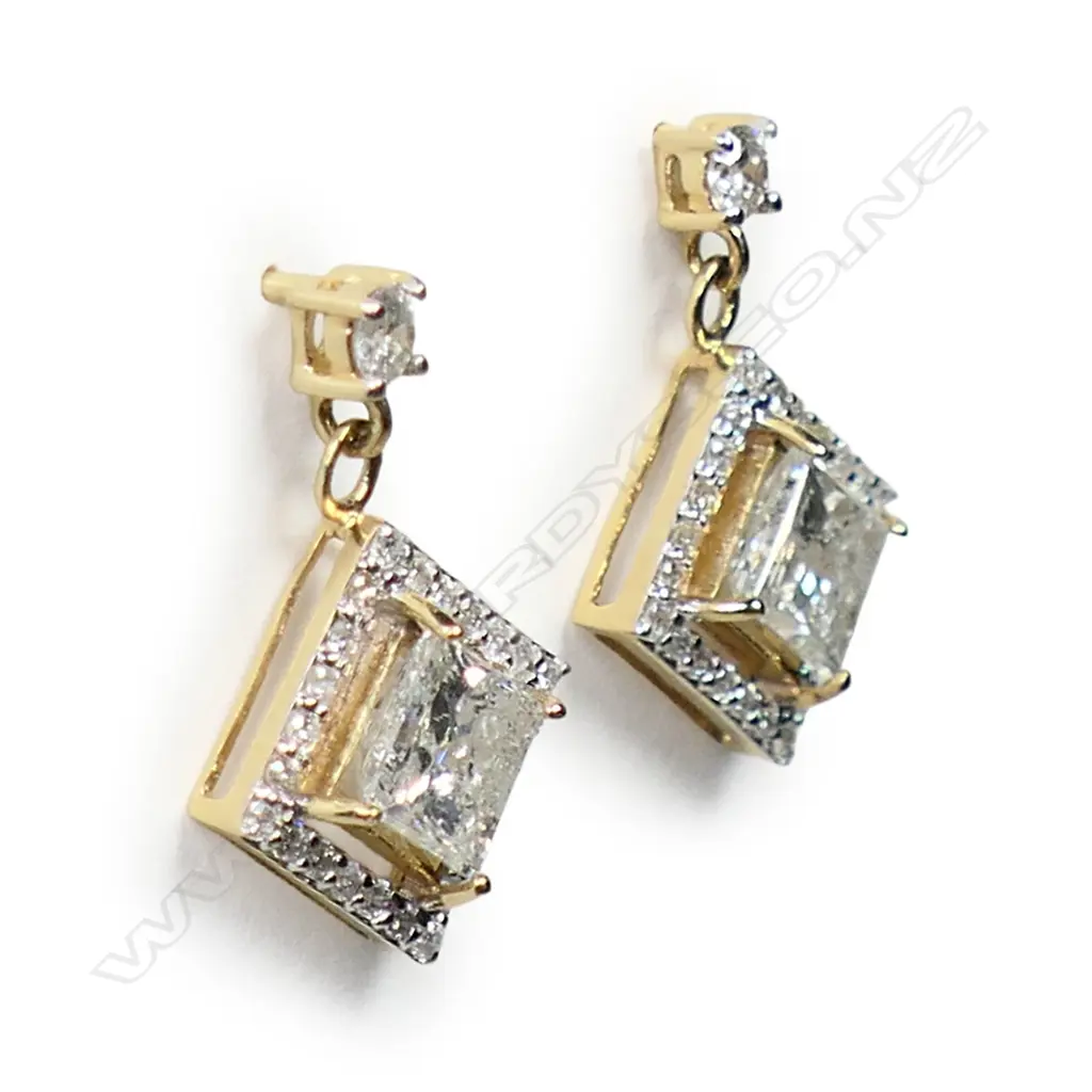 A pair of 14ct gold and diamond halo drop earrings, Image 1++
