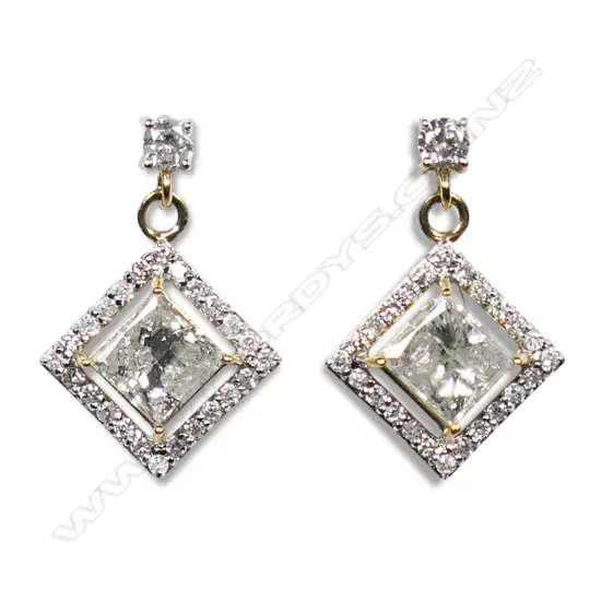 A pair of 14ct gold and diamond halo drop earrings,