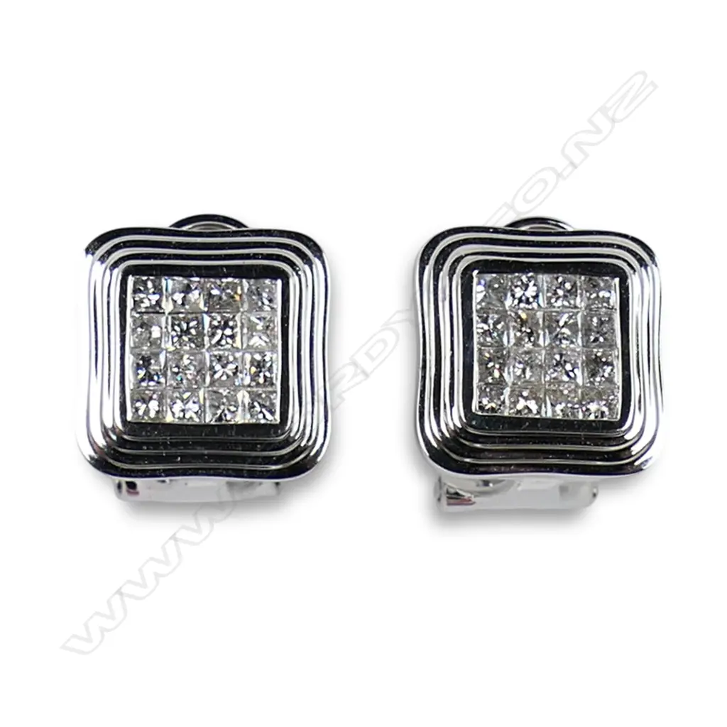 A pair of 18ct white gold and diamond earrings, Image 1++
