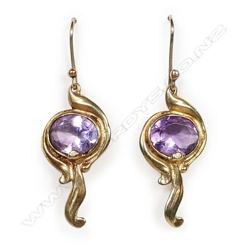 A pair of 9ct gold and amethyst earrings, Image 1++
