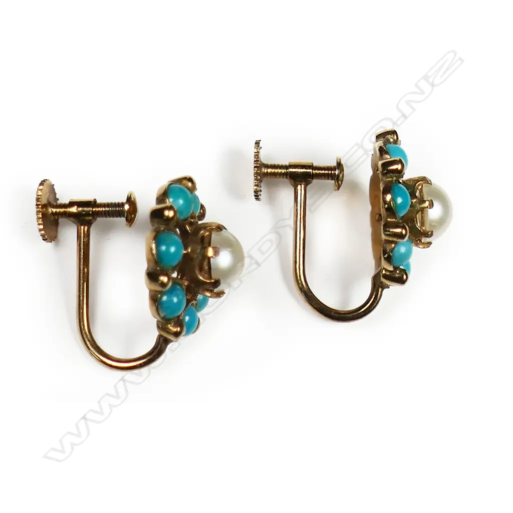 A pair of early 20thC 9ct gold turquoise and pearl earrings, Image 1++