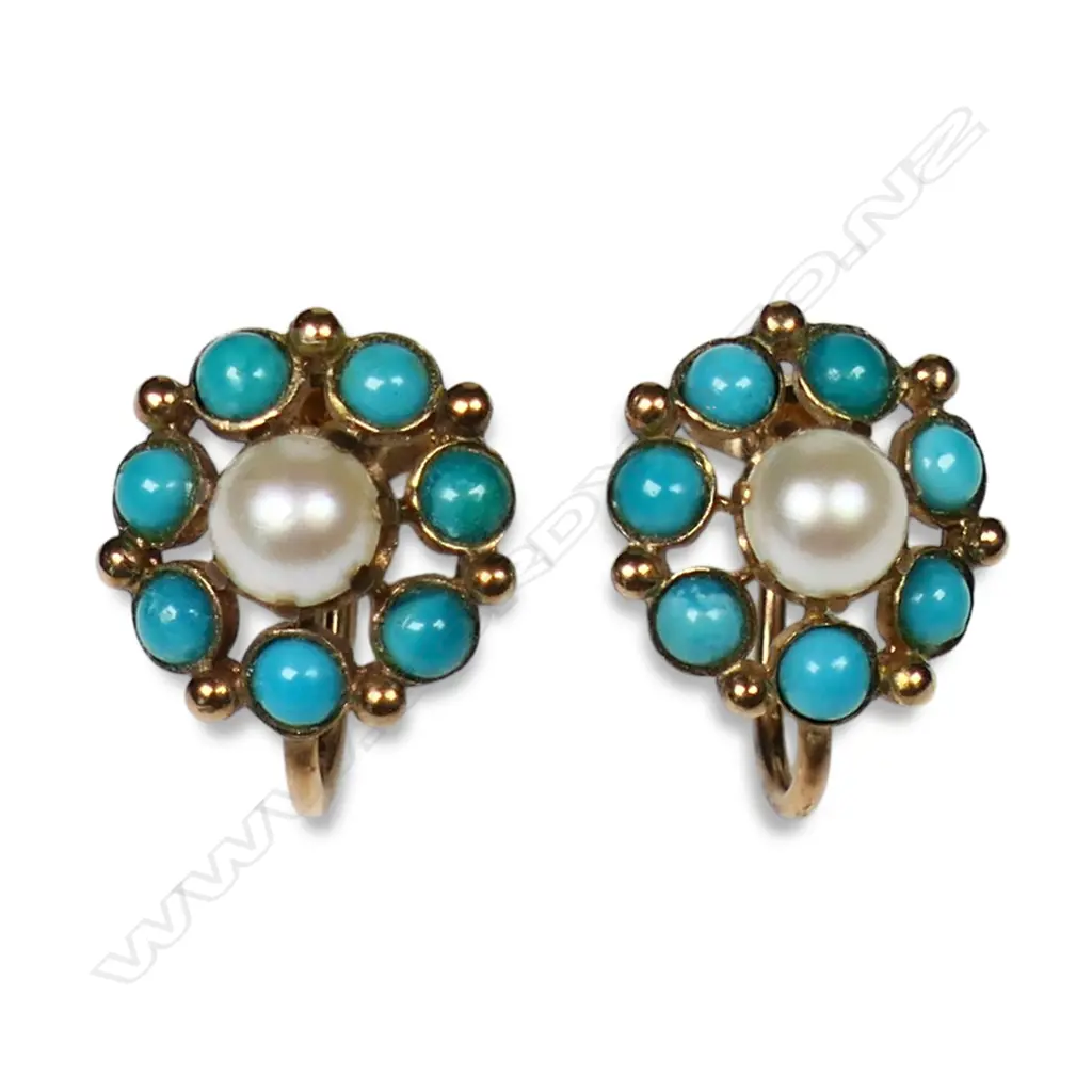 A pair of early 20thC 9ct gold turquoise and pearl earrings, Image 1++