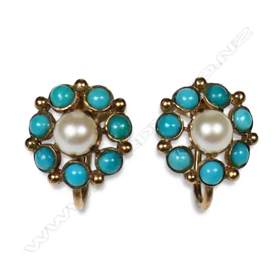 A pair of early 20thC 9ct gold turquoise and pearl earrings,