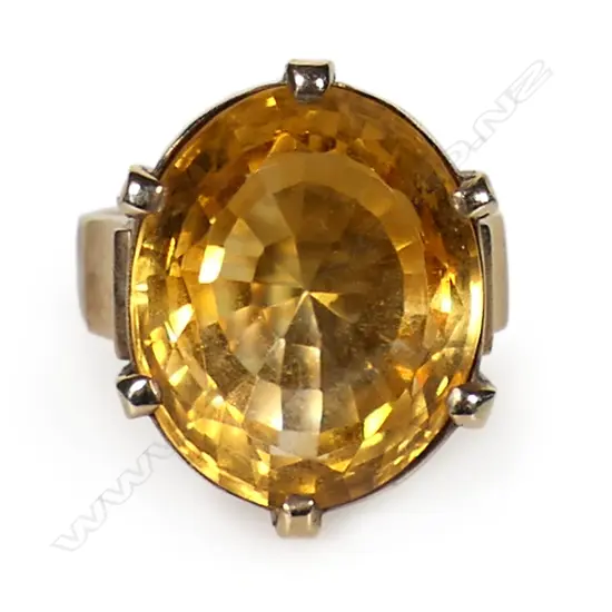 A vintage 9ct rose gold and large citrine ring,
