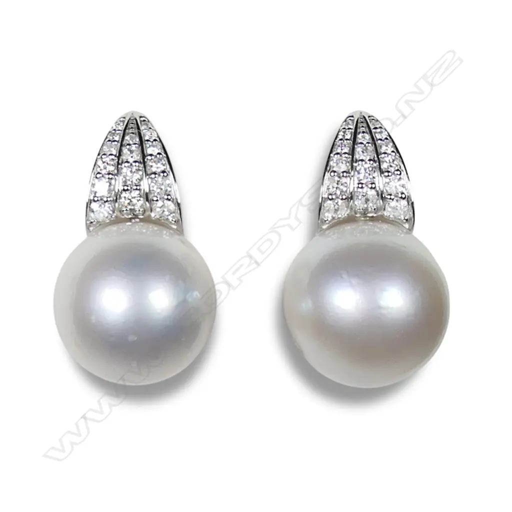 A pair of 14ct white gold diamond and South Sea pearl earrings, Image 1++