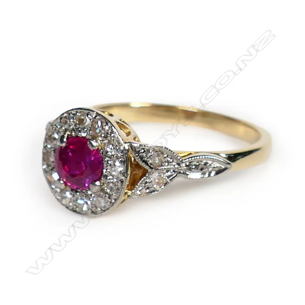 An estate 18ct gold diamond and ruby ring, Image 1++