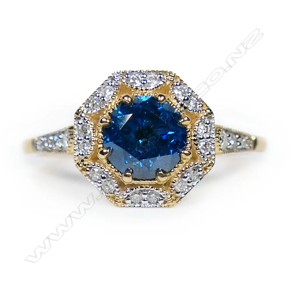 A 14ct gold blue and white diamond halo ring, Image 1++