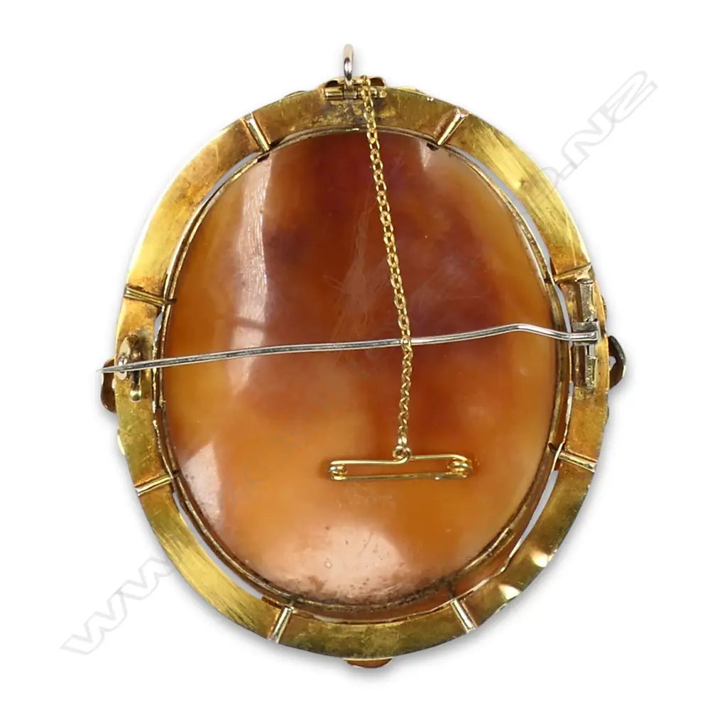 Impressive 19thC large gilded 15ct gold framed carved cameo shell brooch, Image 1++