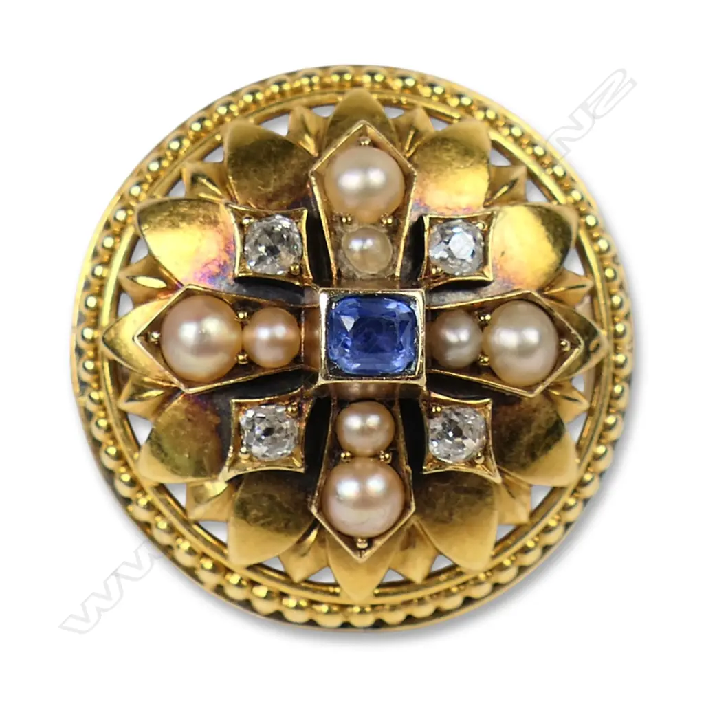 A Victorian 15ct gold pearl diamond and sapphire brooch, Image 1++