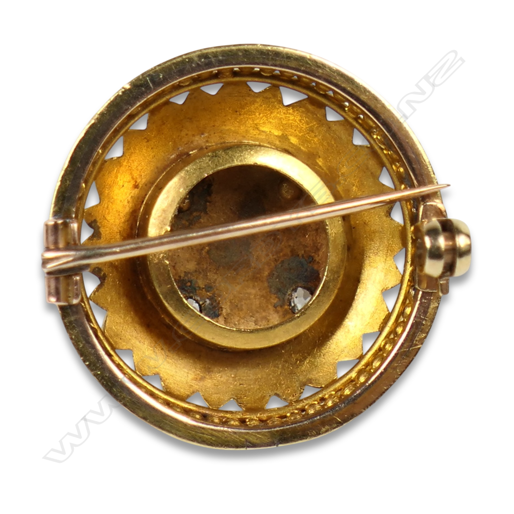 A Victorian 15ct gold pearl diamond and sapphire brooch, Image 1++