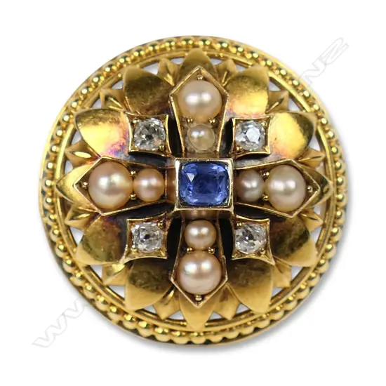 A Victorian 15ct gold pearl diamond and sapphire brooch,