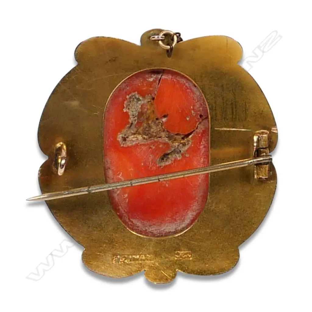 A Victorian 9ct gold and red coral cameo brooch, Image 1++