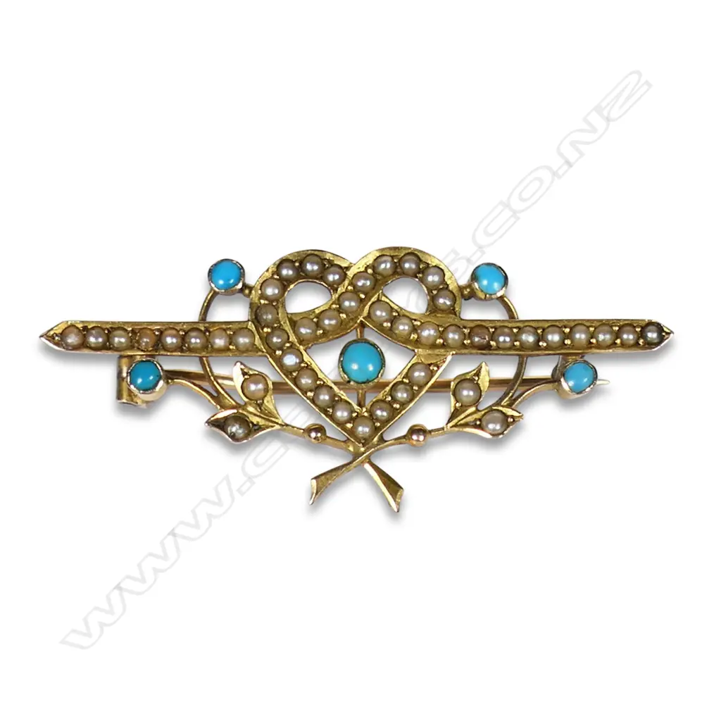 An elegant Edwardian 9ct gold seed pearl and turquoise brooch, Image 1++