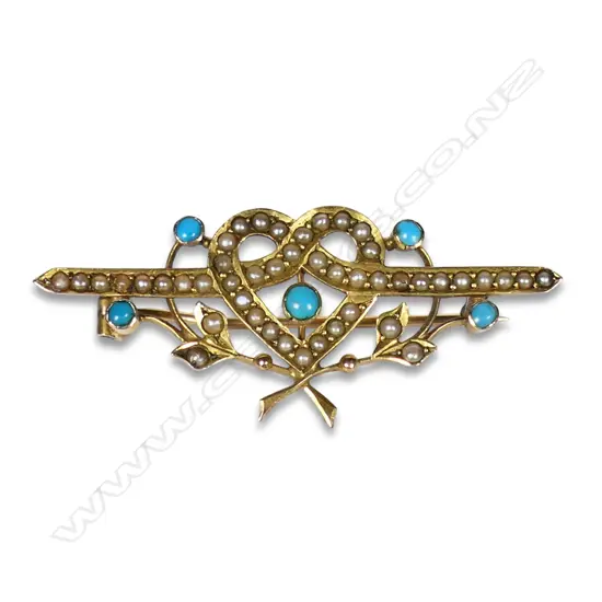 An elegant Edwardian 9ct gold seed pearl and turquoise brooch,