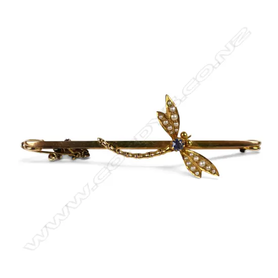 A 9ct gold pearl and sapphire dragonfly brooch,