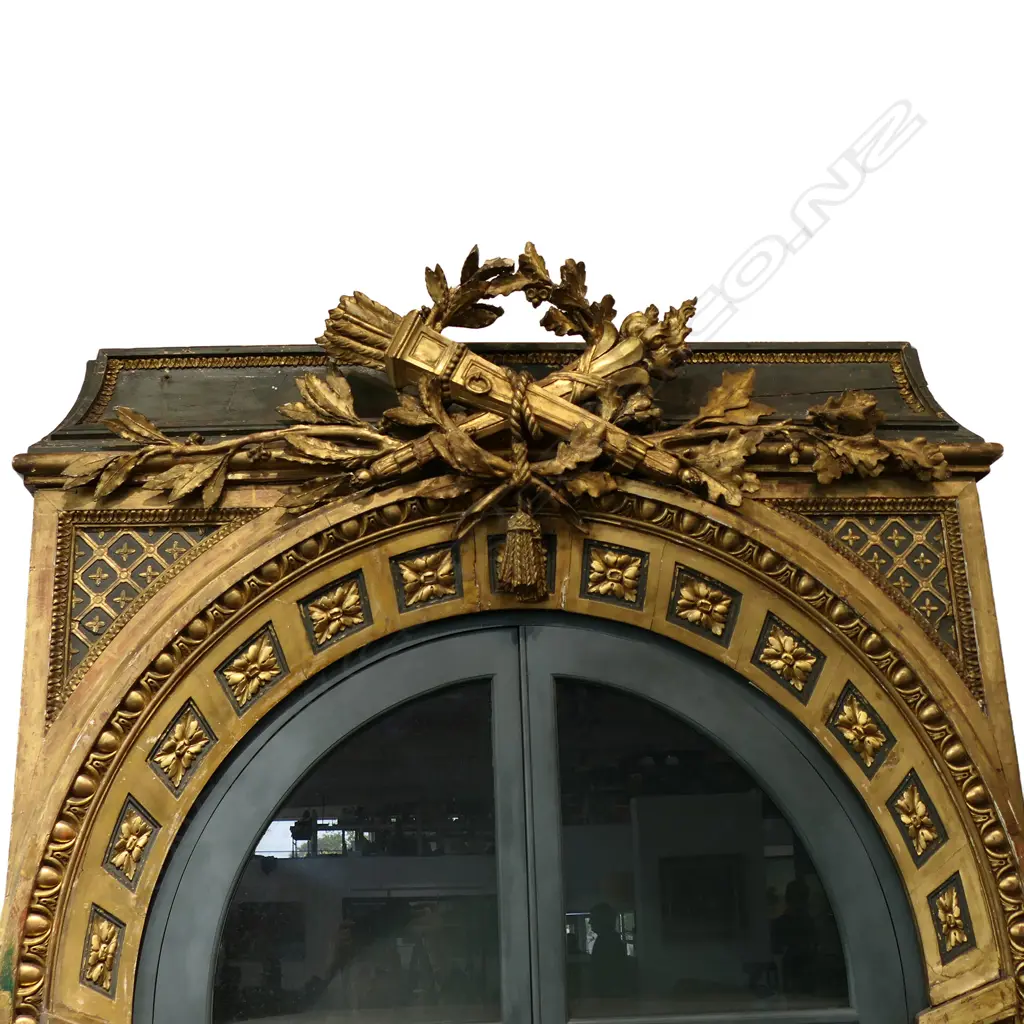 A large and impressive 19thC French painted and carved gilt wood architectural arch, Image 1++