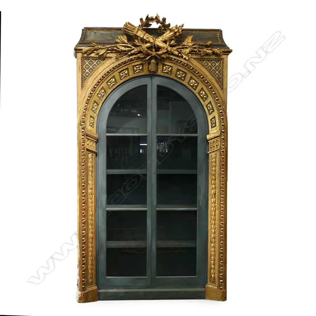 A large and impressive 19thC French painted and carved gilt wood architectural arch, Image 1++