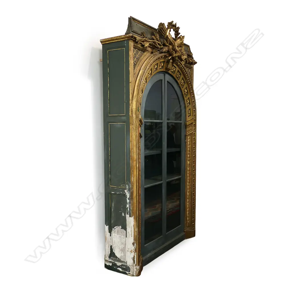 A large and impressive 19thC French painted and carved gilt wood architectural arch, Image 1++