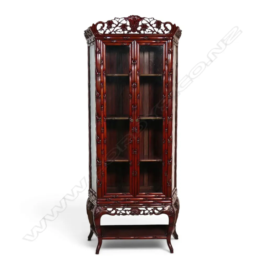 Chinese hardwood faux bamboo carved tall display cabinet, Image 1++