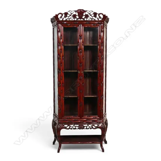 Chinese hardwood faux bamboo carved tall display cabinet,