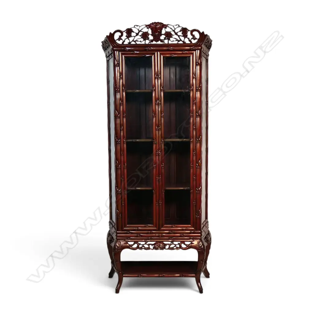 Chinese hardwood faux bamboo carved tall display cabinet, Image 1++