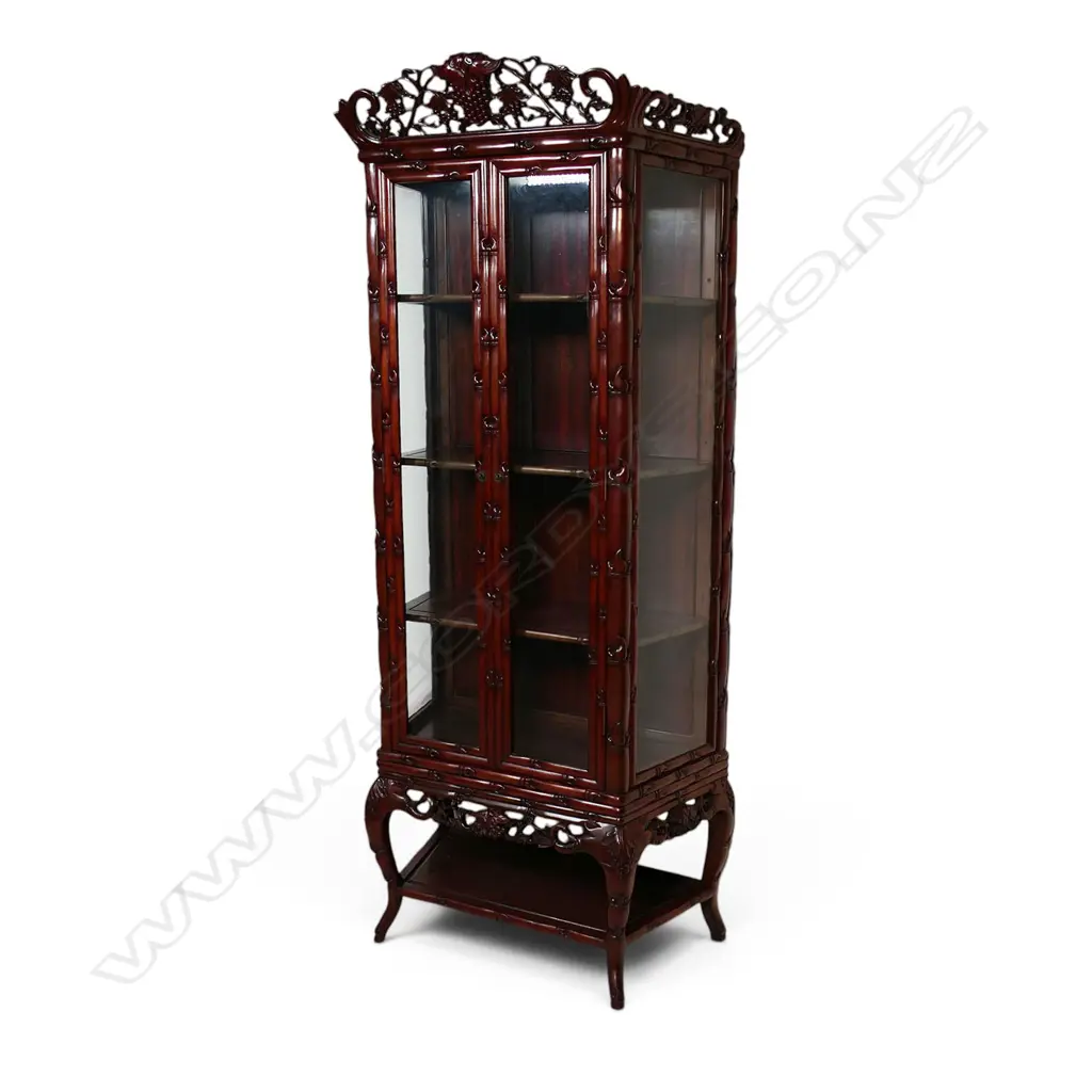 Chinese hardwood faux bamboo carved tall display cabinet, Image 1++