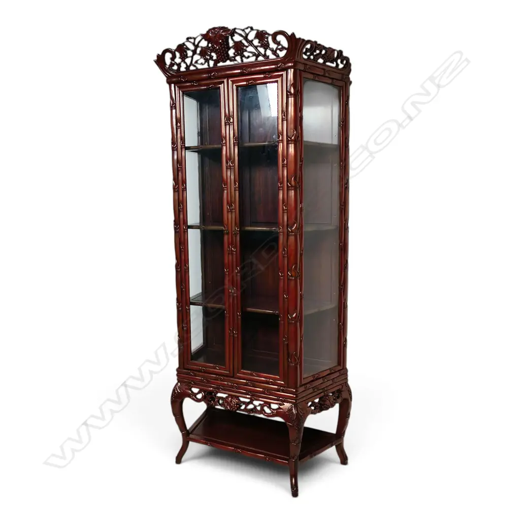 Chinese hardwood faux bamboo carved tall display cabinet, Image 1++