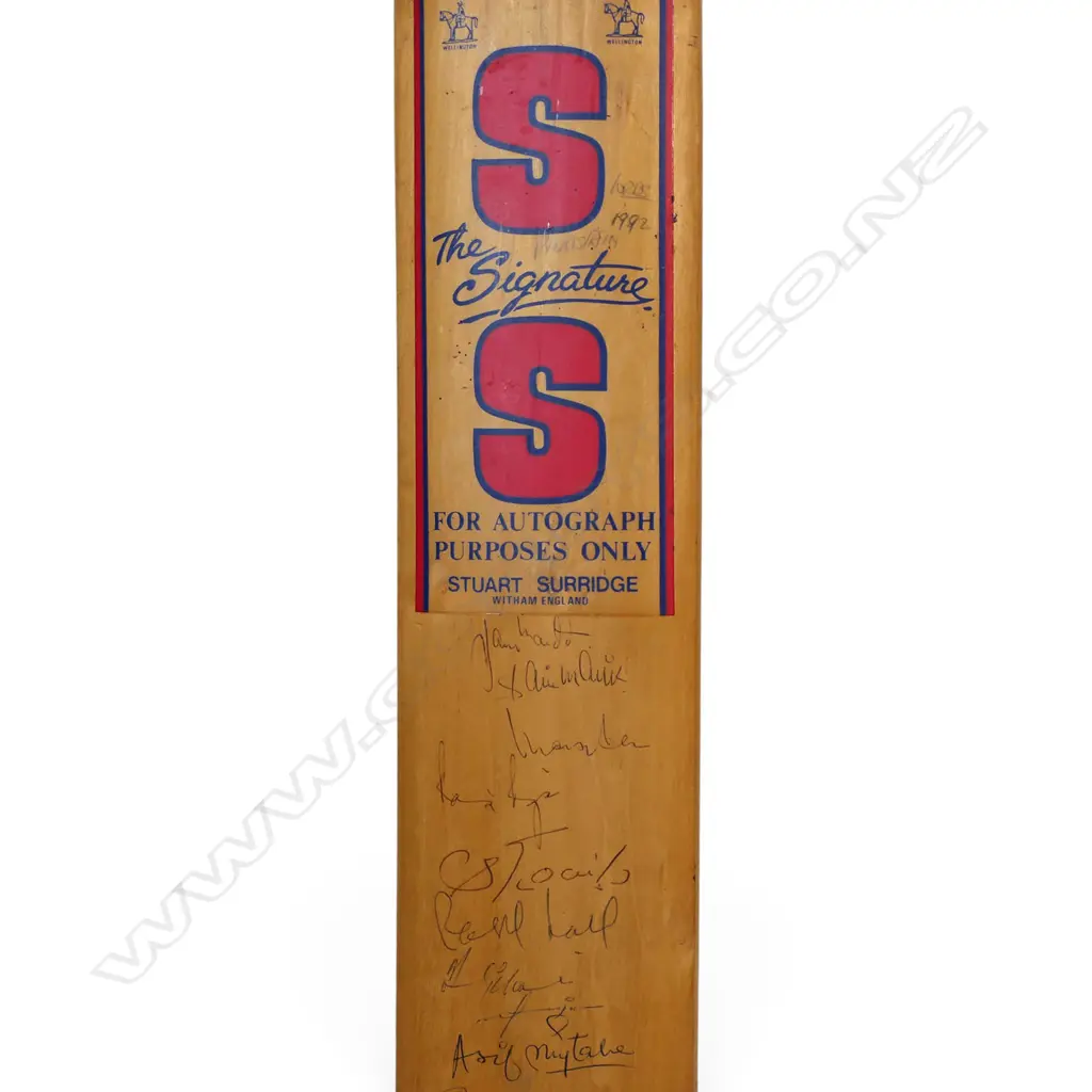 Pakistan v England 1992 - a fully autographed Stuart Surridge full size bat signed in ink with numerous signatures, Image 1++