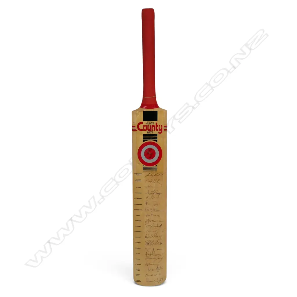 England v West Indies 1995 - a fully autographed full size Hunts County bat signed in ink by the West Indies team and management along with printed team list next to the signatures, Image 1++