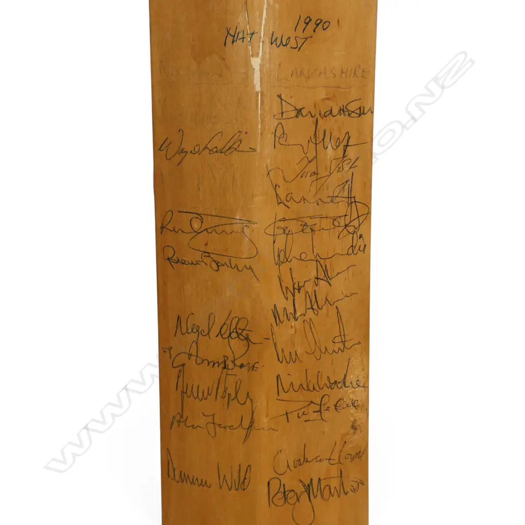 England side and Lancashire v Northampton 1990 - autographed unbranded junior size bat (700 mm) signed in ink, Image 1++