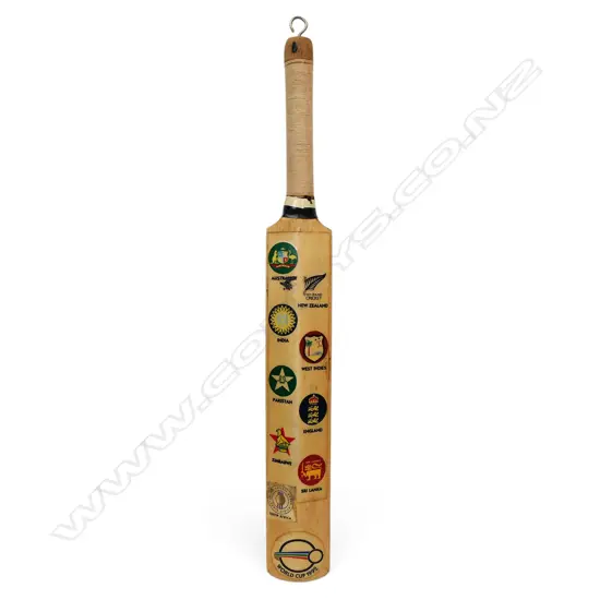 World Cup 1992 - printed (not hand signed) miniature Duncan Fearnley bat (380 mm) with the signatures of Martin Crowe and Allan Border,