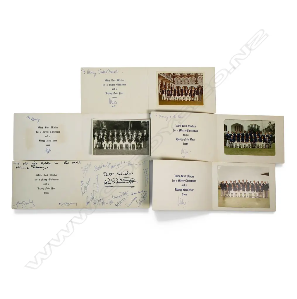 Five England Tour Christmas cards -4 signed by England Captain Mike Brearley and 1 signed by Ken Barrington (tour manager) along with England team players - 1977-78, Image 1++
