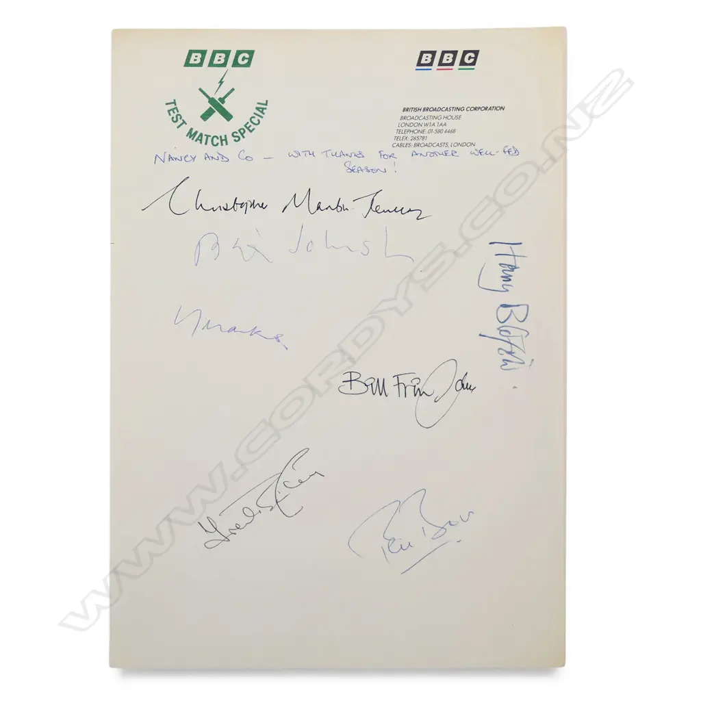 Vintage BBC 'Test Match Special' letterhead autographed by legendary cricket broadcasters and commentators, Image 1++
