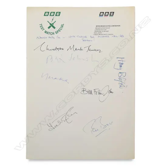 Vintage BBC 'Test Match Special' letterhead autographed by legendary cricket broadcasters and commentators,