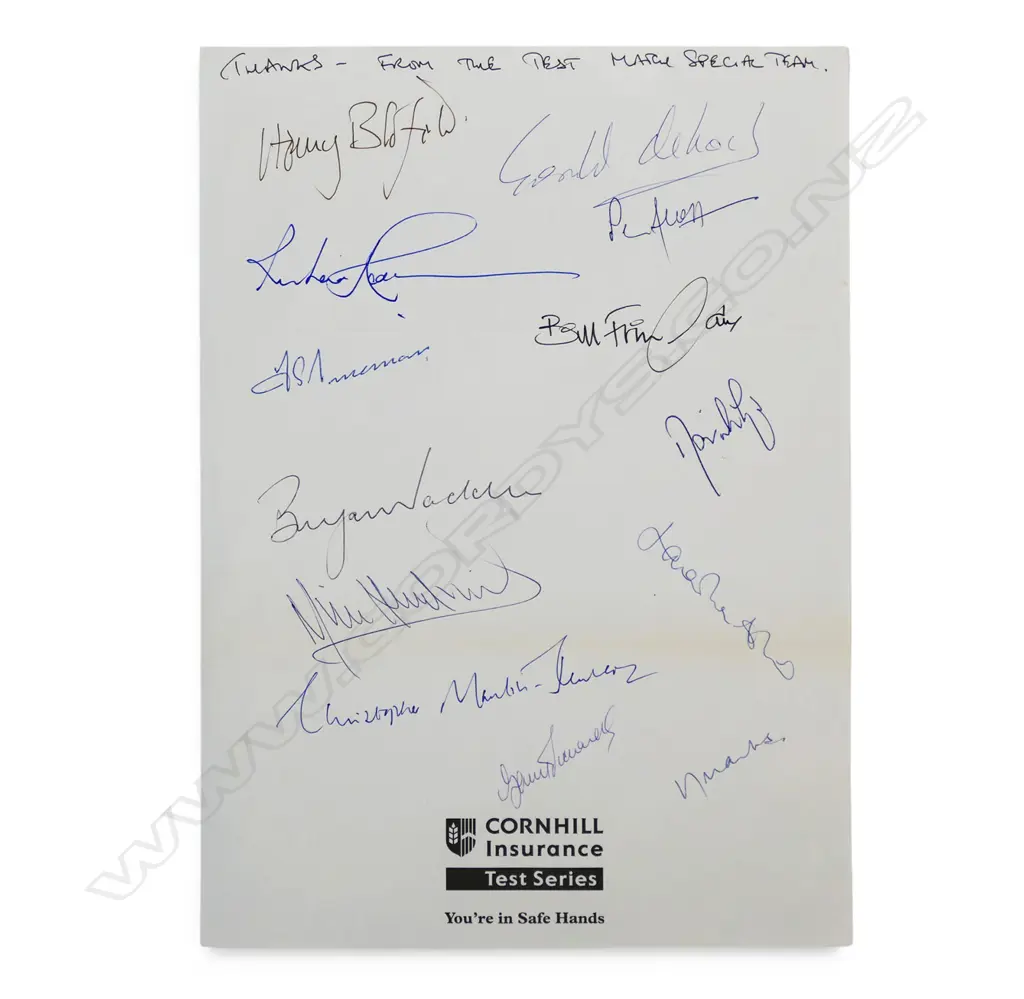 Vintage Cornhill Insurance letterhead (Test Series) autographed by legendary cricket broadcasters and commentators, Image 1++