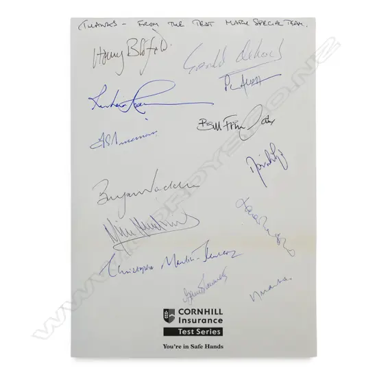Vintage Cornhill Insurance letterhead (Test Series) autographed by legendary cricket broadcasters and commentators,
