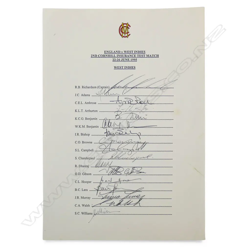 Autographed MCC letterhead player list of the West Indies tour to the UK 1995, Image 1++