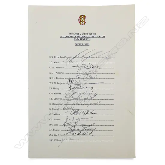 Autographed MCC letterhead player list of the West Indies tour to the UK 1995,