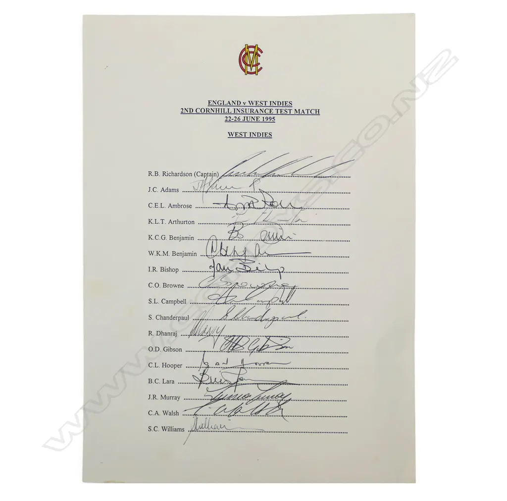Autographed MCC letterhead player list of the West Indies tour to the UK 1995, Image 1++