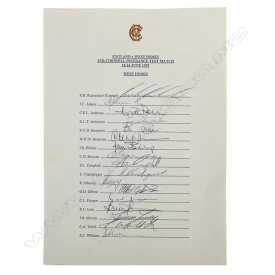Autographed MCC letterhead player list of the West Indies tour to the UK 1995,