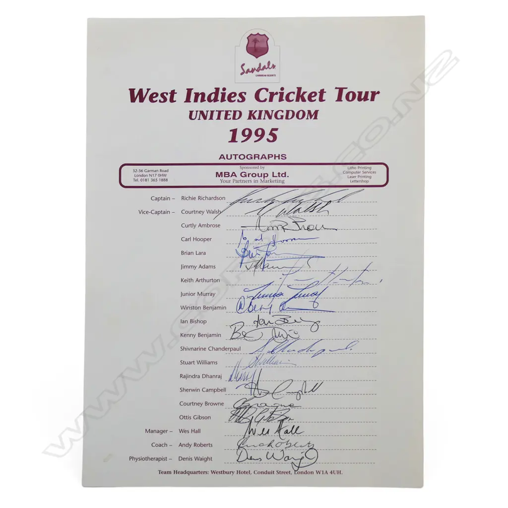 Autographed player list of the West Indies tour of the UK in 1995, Image 1++