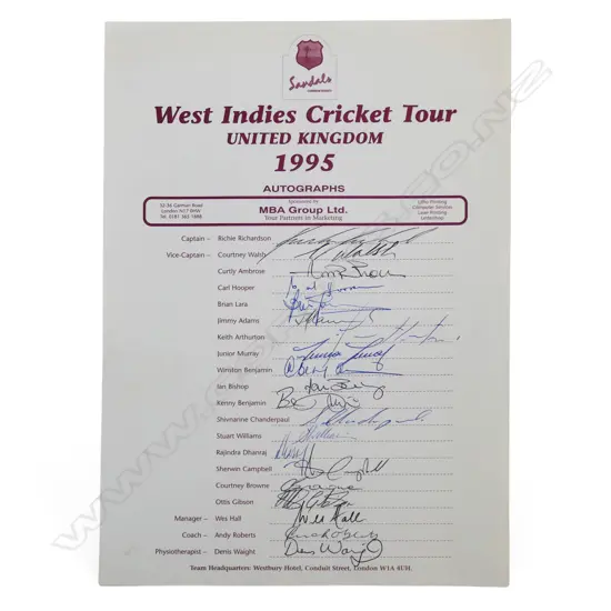 Autographed player list of the West Indies tour of the UK in 1995,
