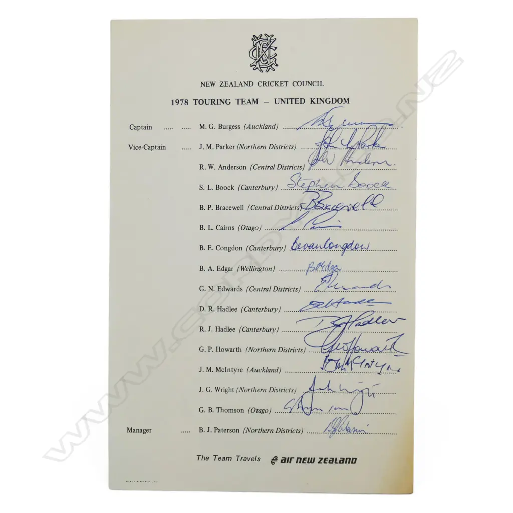 Autographed NZCC letterhead player list of the New Zealand tour to the UK 1978, Image 1++