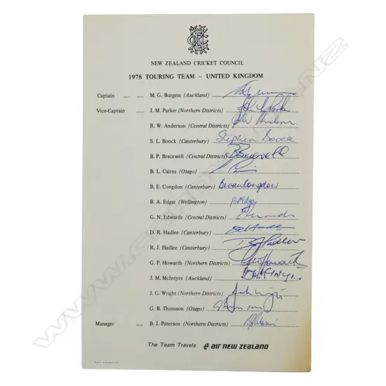 Autographed NZCC letterhead player list of the New Zealand tour to the UK 1978,