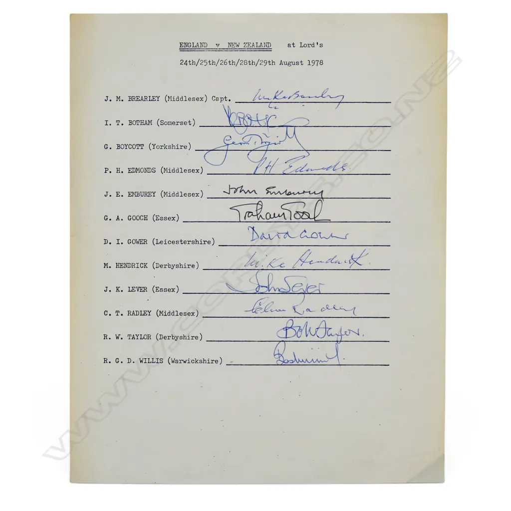 Autographed player list of the England team v New Zealand 1978, Image 1++